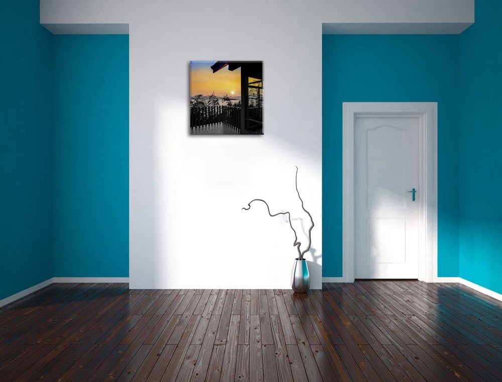 Pixxprint Aussicht auf Sonnenuntergang über See schwarz/weiss, Format: 70x70 auf Leinwand, 70x70