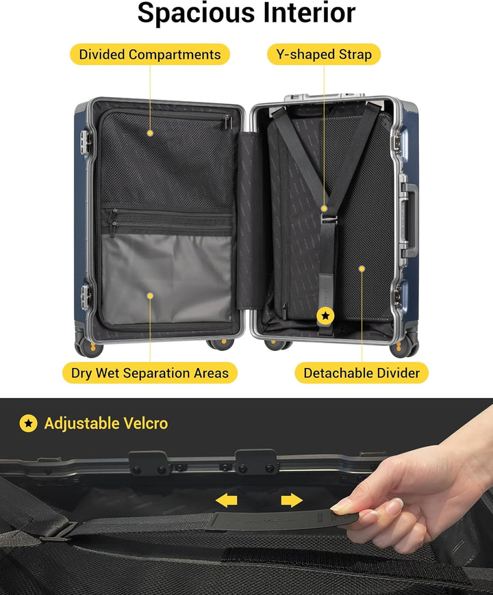 LEVEL8 Reisekoffer mit Aluminium Rahmen, Handgepäck Cabin Trolley Hartschalen Spinner Mit Doppelte T