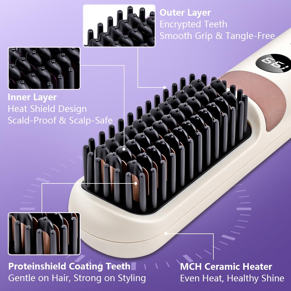 LOPHE Glättbürste, 2 in 1 Haarglätter Bürste mit LED Display, Hair Straightener Kabellos und Verbrüh