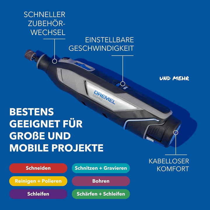 Dremel 8240 Akku-Rotationswerkzeug, 12V 3Ah Lithium-Ionen-Akku, Multifunktionswerkzeug Set mit 5 Zub