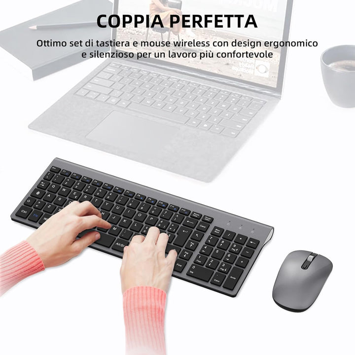 cimetech Kabellose Tastatur und Maus, italienisches QWERTY-Layout, Full-Size 2,4 GHz kabellose Maus