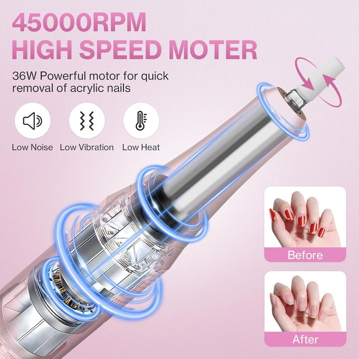 Elektrischer Nagelfeile Nagelfräser für Gelnägel, 45000 U/min Nagelfräser Professioneller mit LCD-An