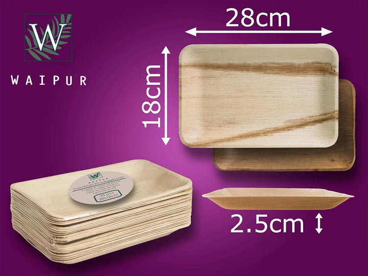 Waipur Bio Palmblatt Teller - 25 Teller Rechteckig 28x18 cm - Premium Einweggeschirr kompostierbar -