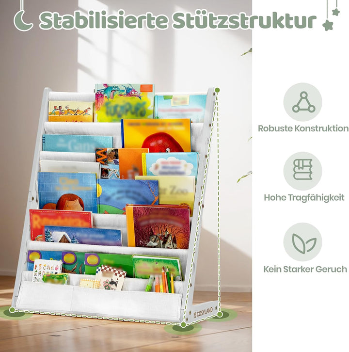 COSYLAND Bücherregal Kinder mit 6 Oxford-Stoff Fächern - Kinderbücherregal aus Naturholz - Bücherreg