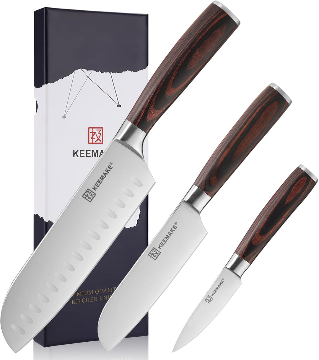 KEEMAKE Messerset, Küchenmesser Set 3tlg, Santokumesser japanisches Messer und Gemüsemesser aus hoch