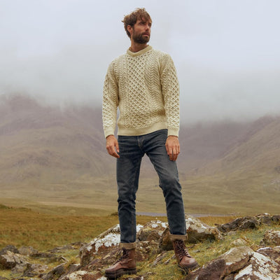 Aran-Pullover, 100% reine Wolle, Oatmeal L Wollweiss, L Wollweiss