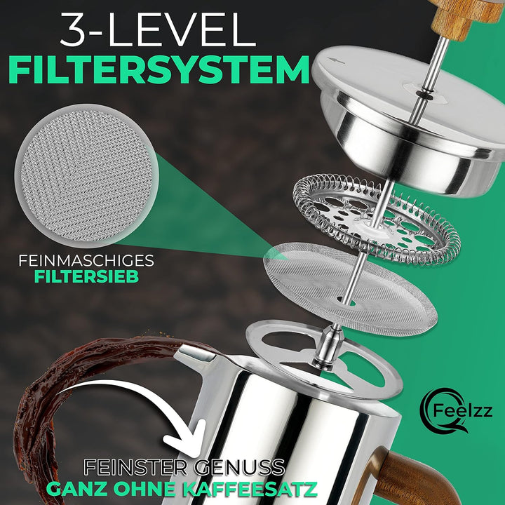 QFeelzz French Press – Edelstahl Kaffeebereiter mit Holzelementen – Thermo Kaffeepresse [Silber-Desi