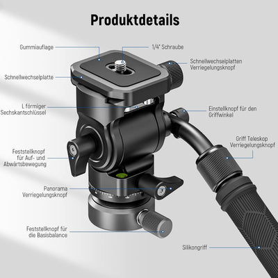 NEEWER Fluidkopf für Videostativ mit +/-10° Nivellierbasis (⌀37mm), Metall Stativkopf Videokopf mit