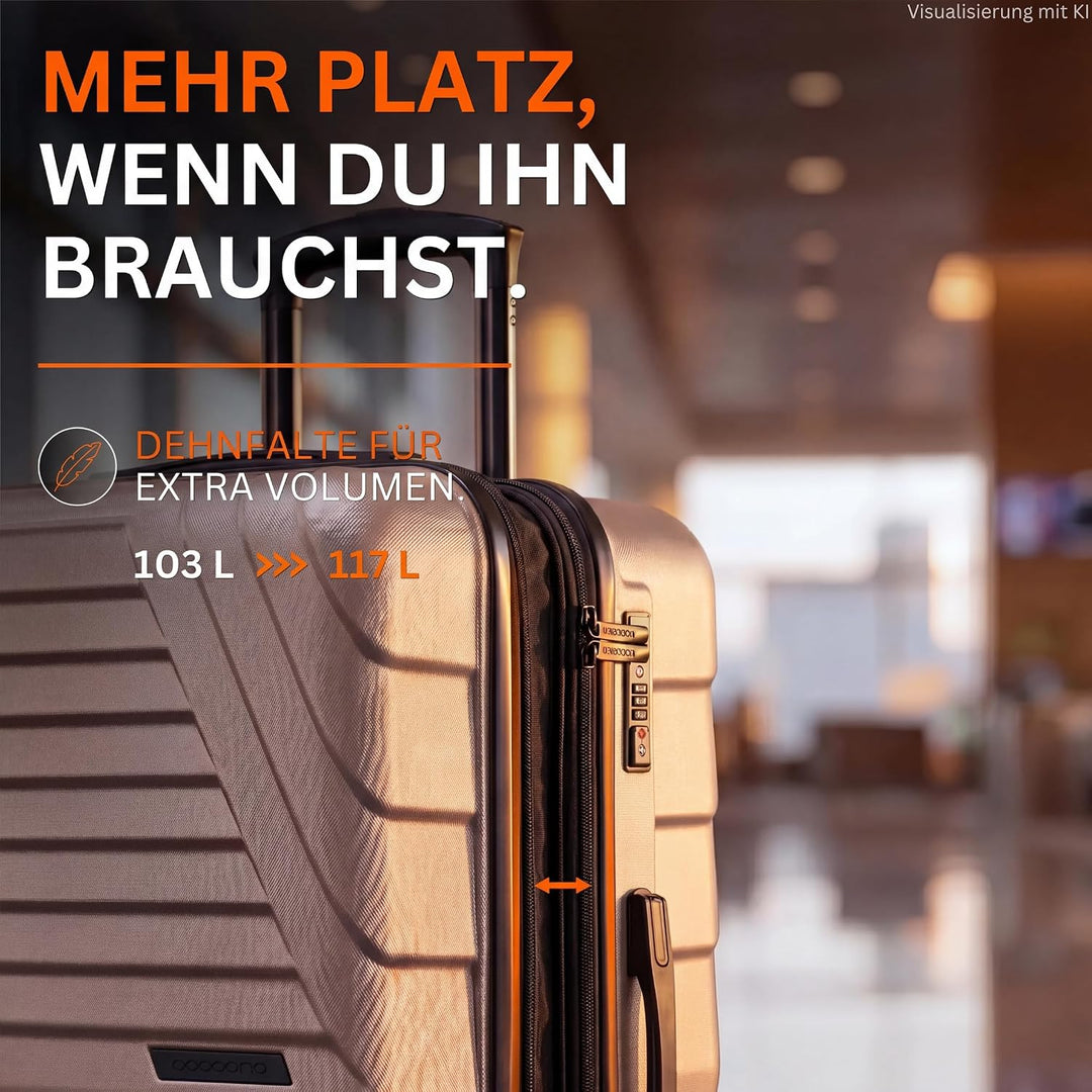 Hartschalenkoffer XL Gross - 100L Volumen erweiterbar auf 117L - 158cm Gurtmass - 8 Rollen 360° dreh