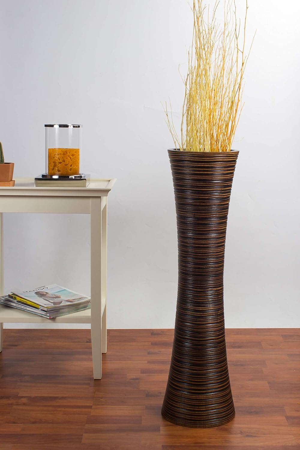 Leewadee Grosse Bodenvase für Dekozweige hohe Standvase Design Holzvase, Holz, 70 cm, braun 70 cm Br