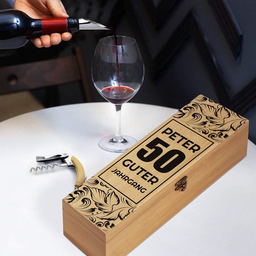 Maverton Wein Geschenkbox für 0,7L Weinflasche + Aufdruck + 4er Weinzubehör - Weinset aus Bambus - 3