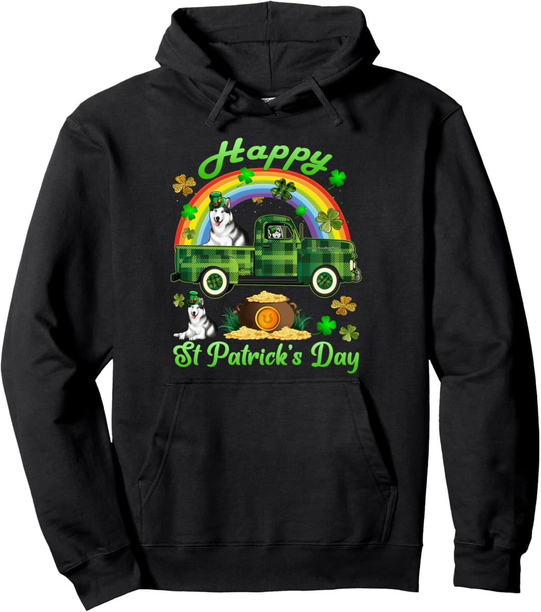 St Patricks Day Shirt Women Buffalo Plaid Truck Husky Dog Pullover Hoodie