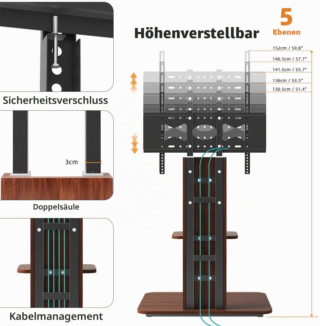 unho TV Ständer Holz, TV Standfuss Höhenverstellbar Fernseher Halterung mit Ablage Universal für 32”