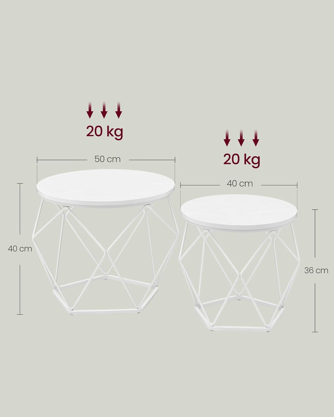 VASAGLE Couchtisch rund, 2er Set, Wohnzimmertisch, Beistelltisch, modern, abnehmbare Tischplatte, fü
