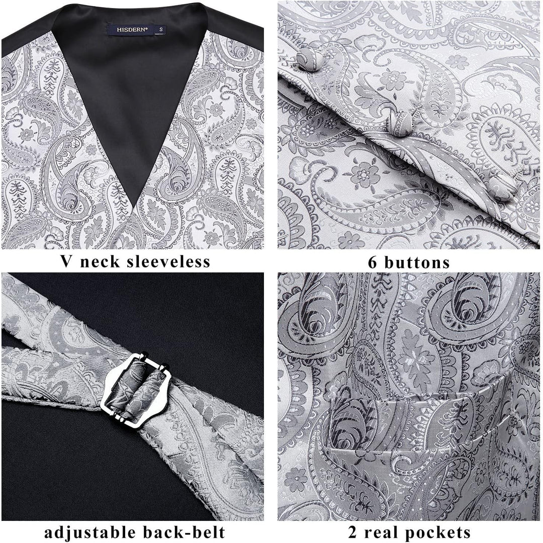 HISDERN Herren FLoral Hochzeit Weste Krawatte Einstecktuch Taschentuch Jacquard Weste Anzug Set XS G