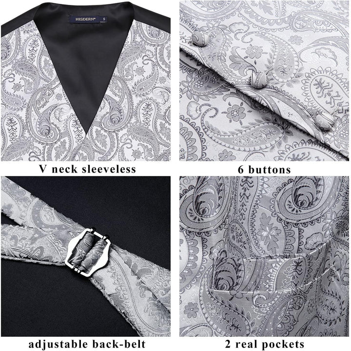 HISDERN Herren FLoral Hochzeit Weste Krawatte Einstecktuch Taschentuch Jacquard Weste Anzug Set XS G