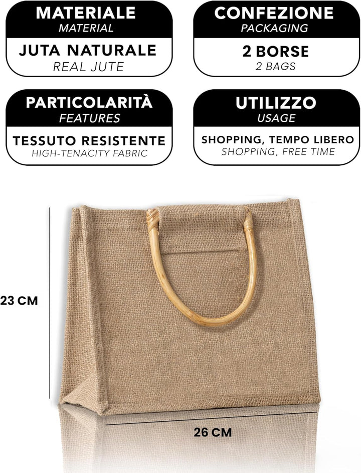 IPEA 2x Jute Tasche mit Holzgriffen zum Einkaufen, Verbringen und für die Freizeit – 2 Stück – Shopp