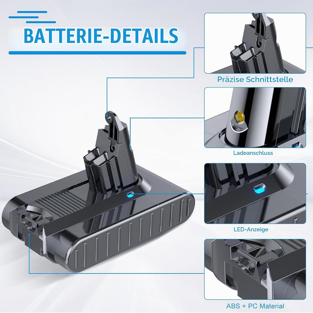 21.6V 8000mAh V6 Ersatzakku für Dyson V6 Akku DC62 DC58 SV03 DC59 DC61 Animal DC72 DC74 SV04 SV05 SV