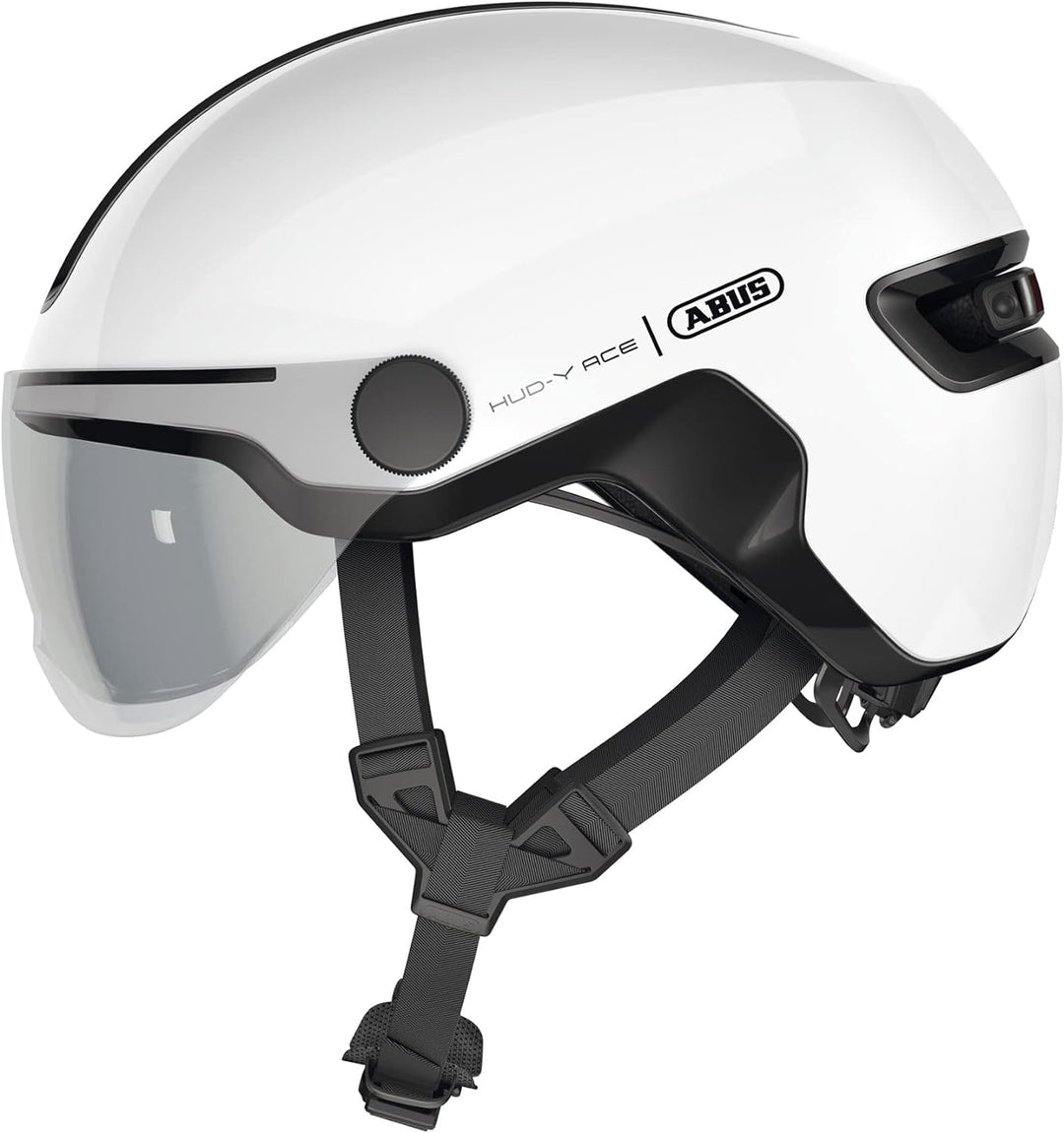 ABUS Stadthelm HUD-Y ACE - stylischer Fahrradhelm mit Visier und magnetischem, aufladbarem LED-Rückl
