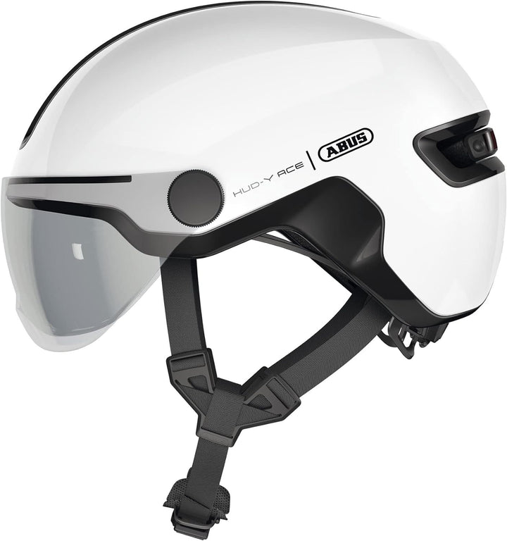 ABUS Stadthelm HUD-Y ACE - stylischer Fahrradhelm mit Visier und magnetischem, aufladbarem LED-Rückl