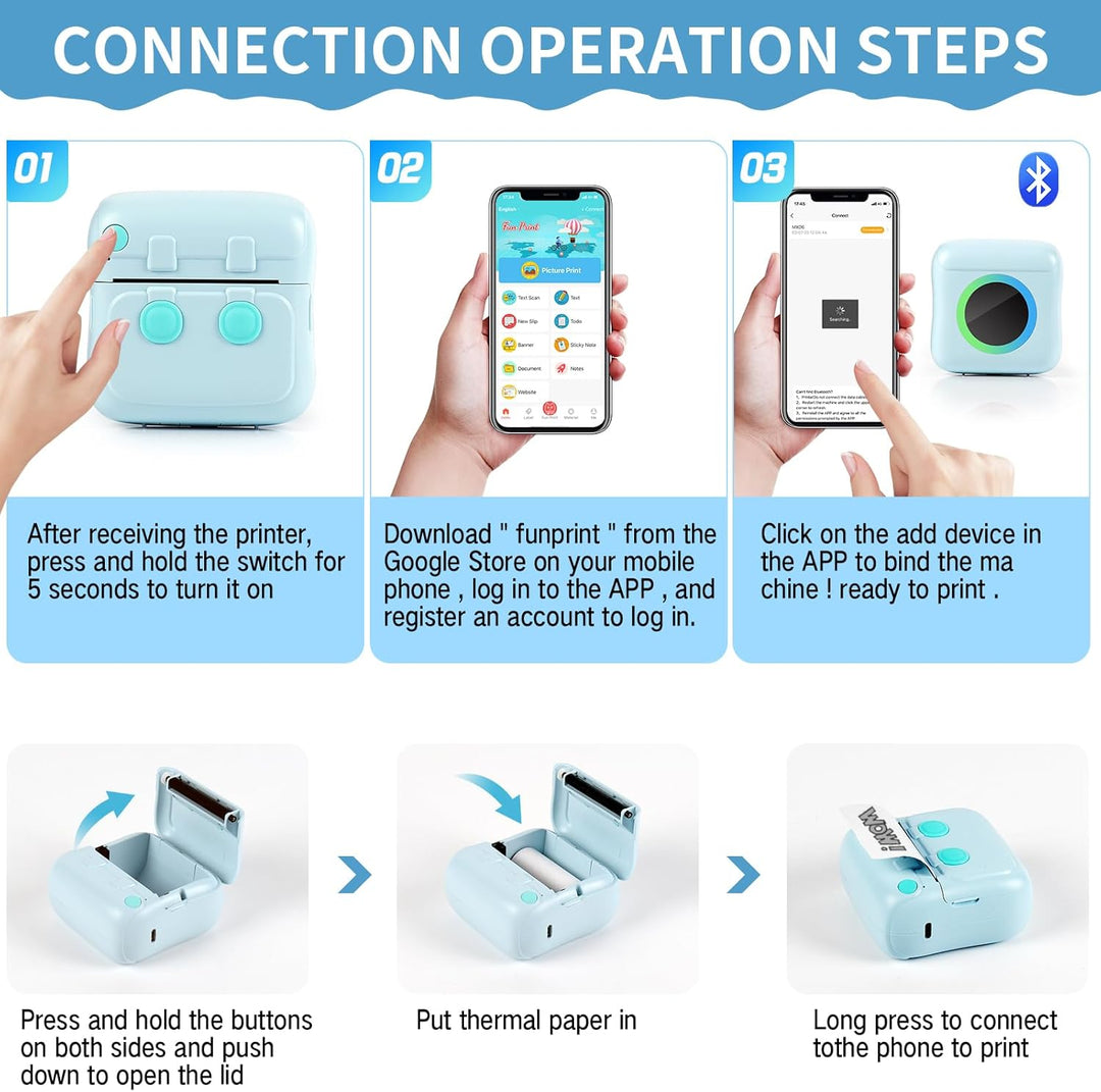 GuKKK Mini Drucker, Mobiler Fotodrucker, Tragbarer Mini Fotodrucker, Wireless Thermodrucker mit 11 R