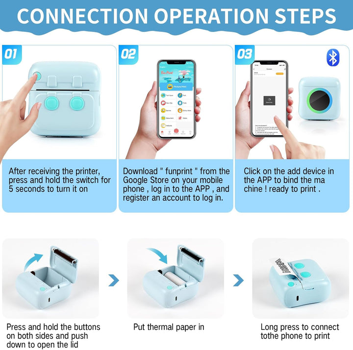 GuKKK Mini Drucker, Mobiler Fotodrucker, Tragbarer Mini Fotodrucker, Wireless Thermodrucker mit 11 R