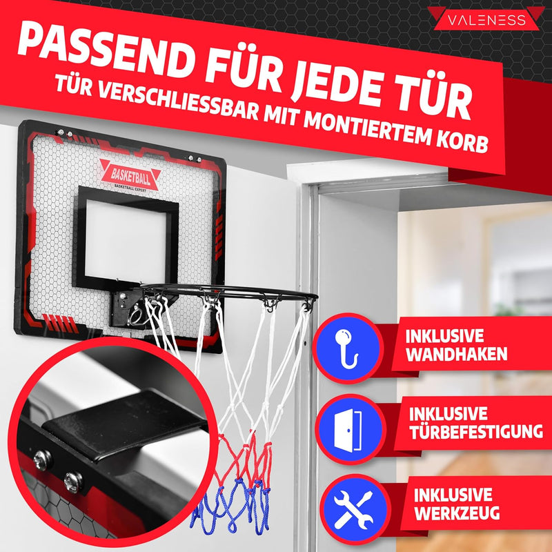 VALENESS® Mini Basketballkorb Indoor [für Tür & Wandmontage] - Kleiner Basketball Korb mit Dunk-Funk
