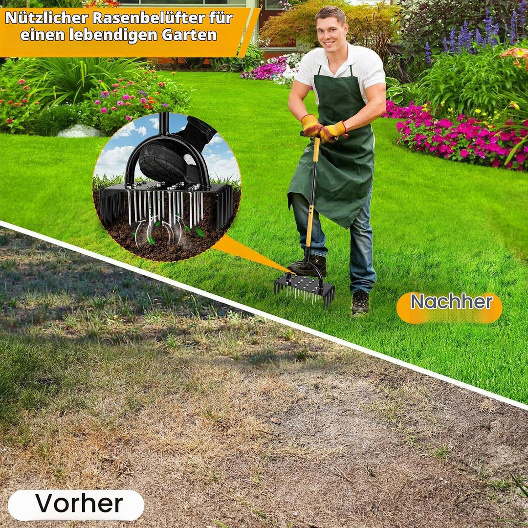 Rasenlüfter,Aerifizierer für Rasen,Manuell Rasenbelüfter mit 24 Eisenspikes,Heavy Duty Handvertikuti