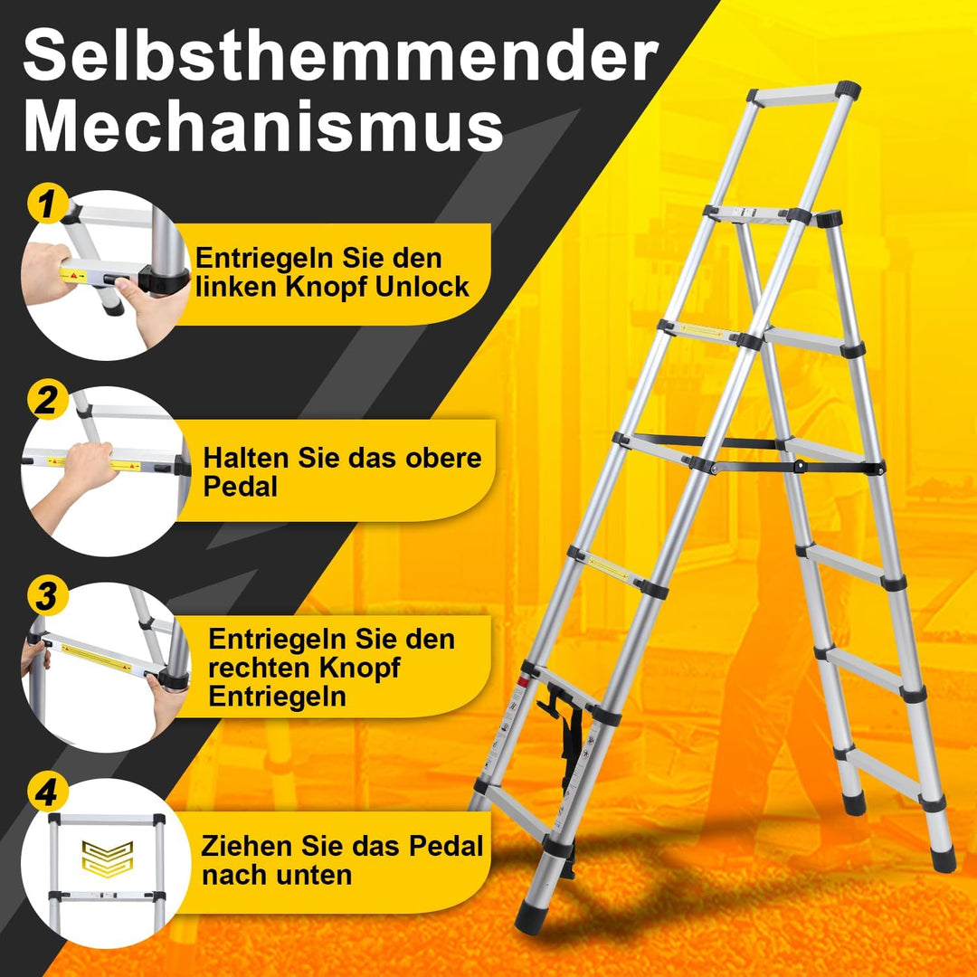 Fiqops 1.4m+1.7m Aluminium Teleskopleiter Klappleiter A-Rahmen 4 + 5 Stufen, Ausziehleiter für Dachr