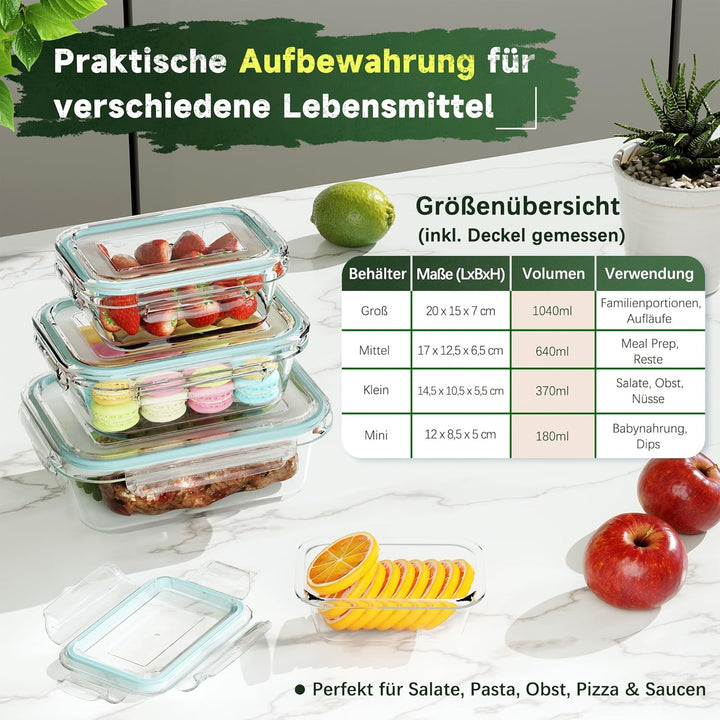 Glasbehälter mit Deckel 4er Set | Borosilikatglas Frischhaltedosen Luftdicht & Auslaufsicher | Vorra