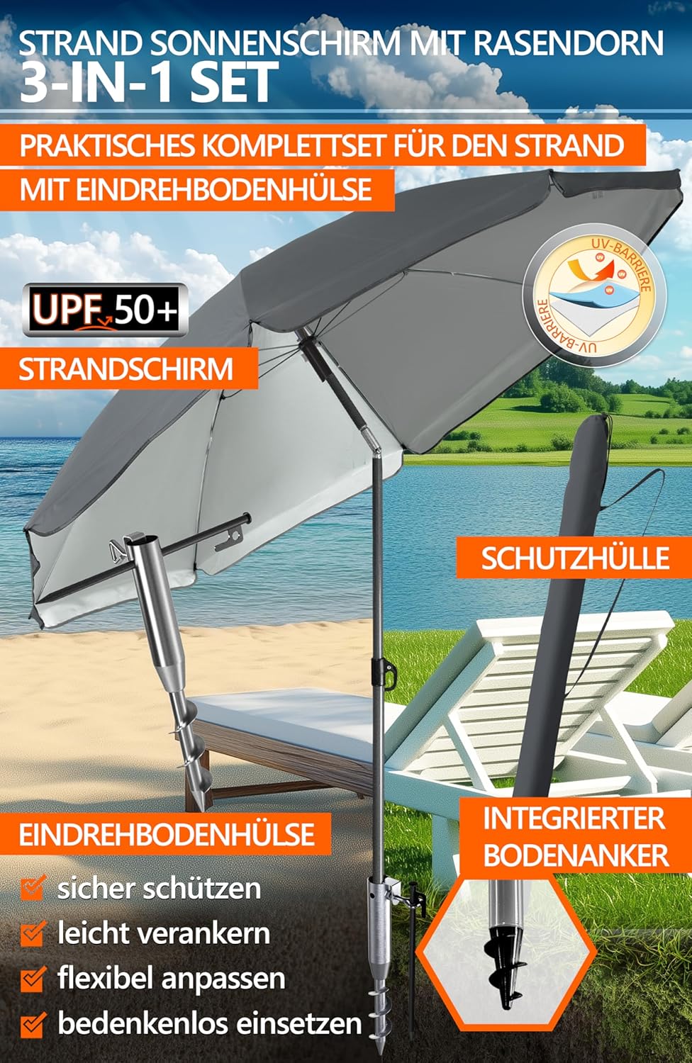 4smile Sonnenschirm Strand Ø 200 cm mit Eindrehbodenhülse, Anthrazit | Strandschirm windfest stabil