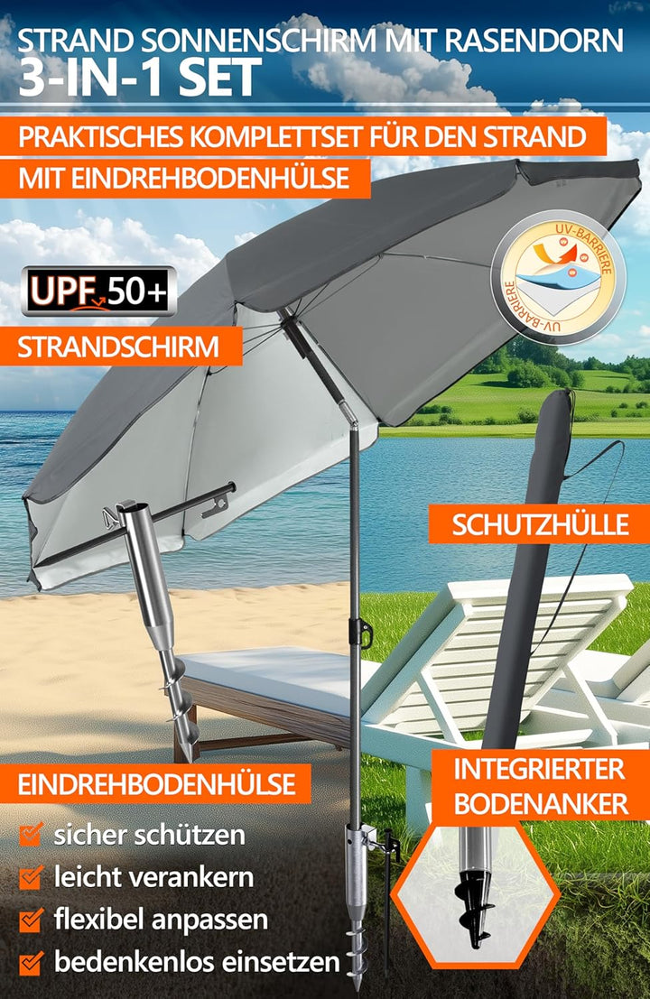 4smile Sonnenschirm Strand Ø 200 cm mit Eindrehbodenhülse, Anthrazit | Strandschirm windfest stabil