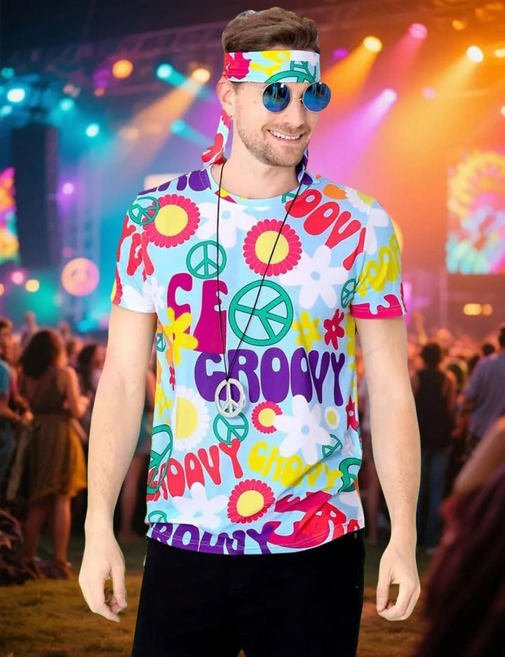 COSAVOROCK Herren 60er 70er Jahre Groovy Hippie Kostüm T-Shirts mit Stirnbänder 3XL Peace, 3XL Peace