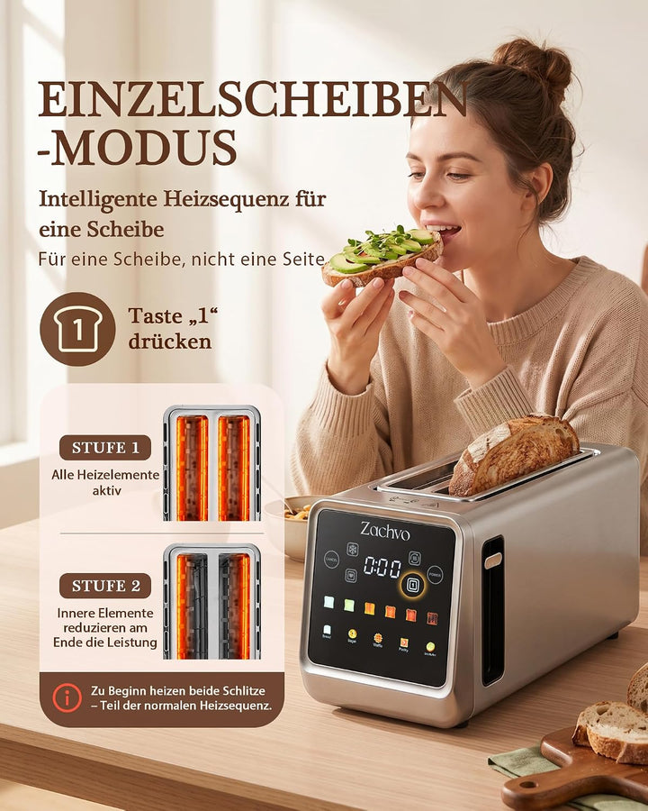 4 Scheiben Langschlitz Toaster Edelstahl, Smart Touchscreen mit LED-Countdown, Memory-Funktion, 6 Br