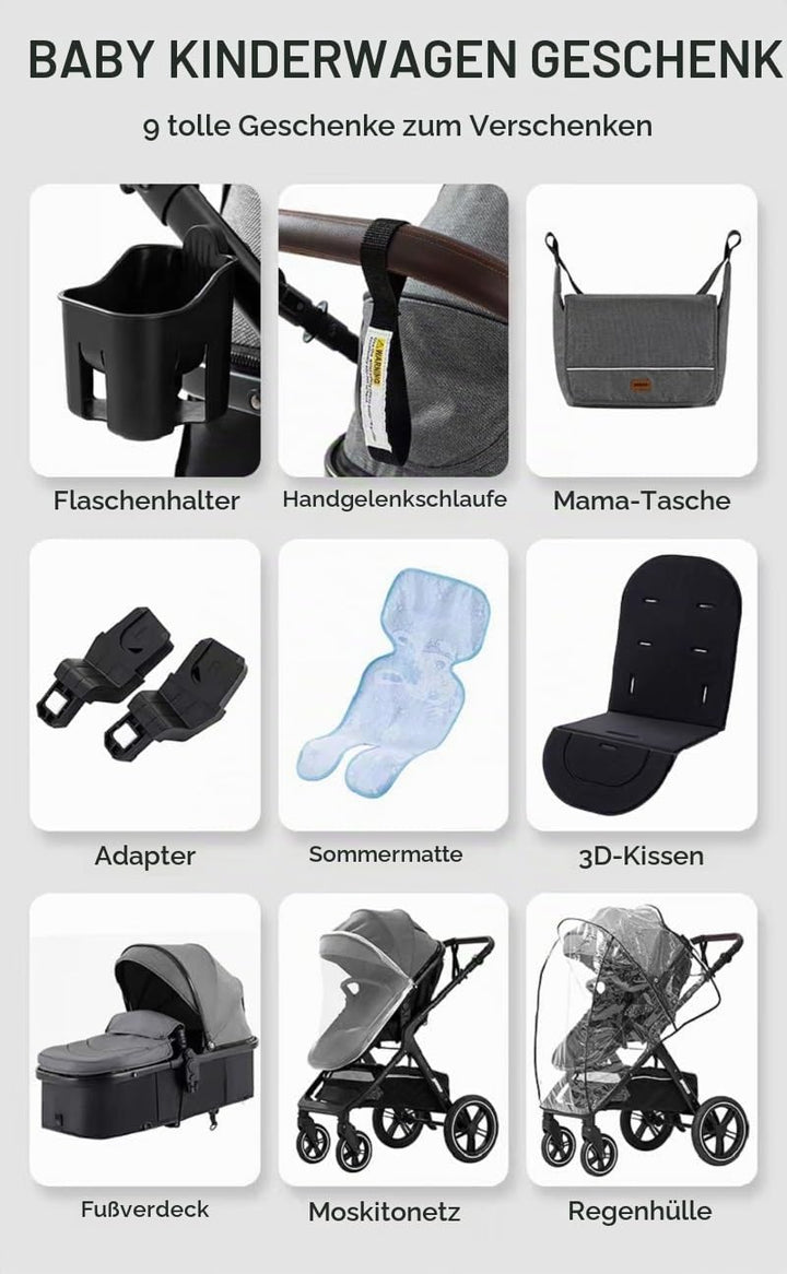 GLOKID Kinderwagen 3 in 1,Reisesysteme, Buggy mit Umkehrbarem Zwei-Wege-Schub,Babywanne Buggy&amp;Sports