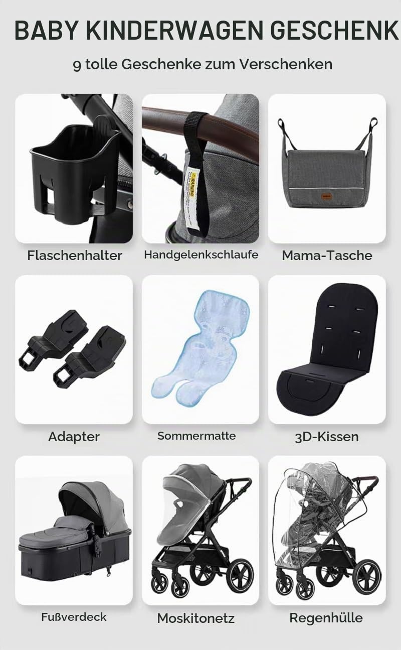 GLOKID Kinderwagen 3 in 1,Reisesysteme, Buggy mit Umkehrbarem Zwei-Wege-Schub,Babywanne Buggy&amp;Sports