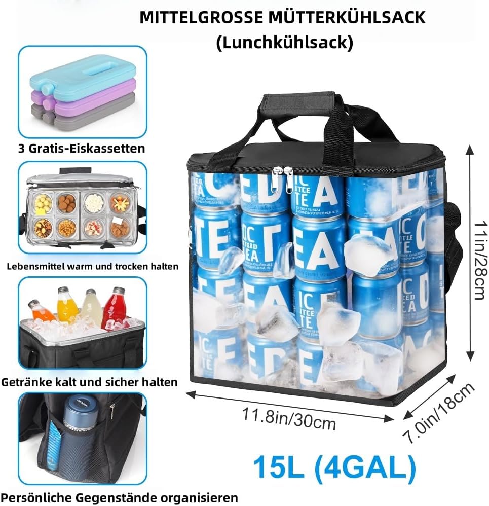 Kühltasche mit 3 Eissacksätzen, Wasserdicht, 18 Dosen Kapazität, 20 Stunden Kühldauer, für Strand un