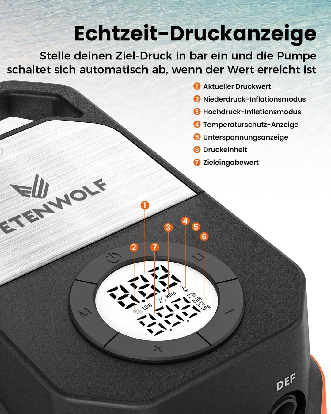 ETENWOLF S4 Elektrische SUP Pumpe, 1,4 bar Hochdruck 12V DC Luftpumpe | mit Auto-Stopp &amp; Deflation-4