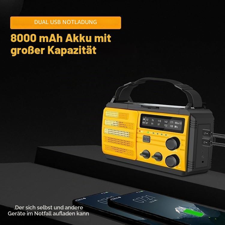 Winnes Tragbares Notfallradio Solar Radio 8000 mAh, SOS-Alarm, FM/AM-Radio mit Leselampe, Kompass, H