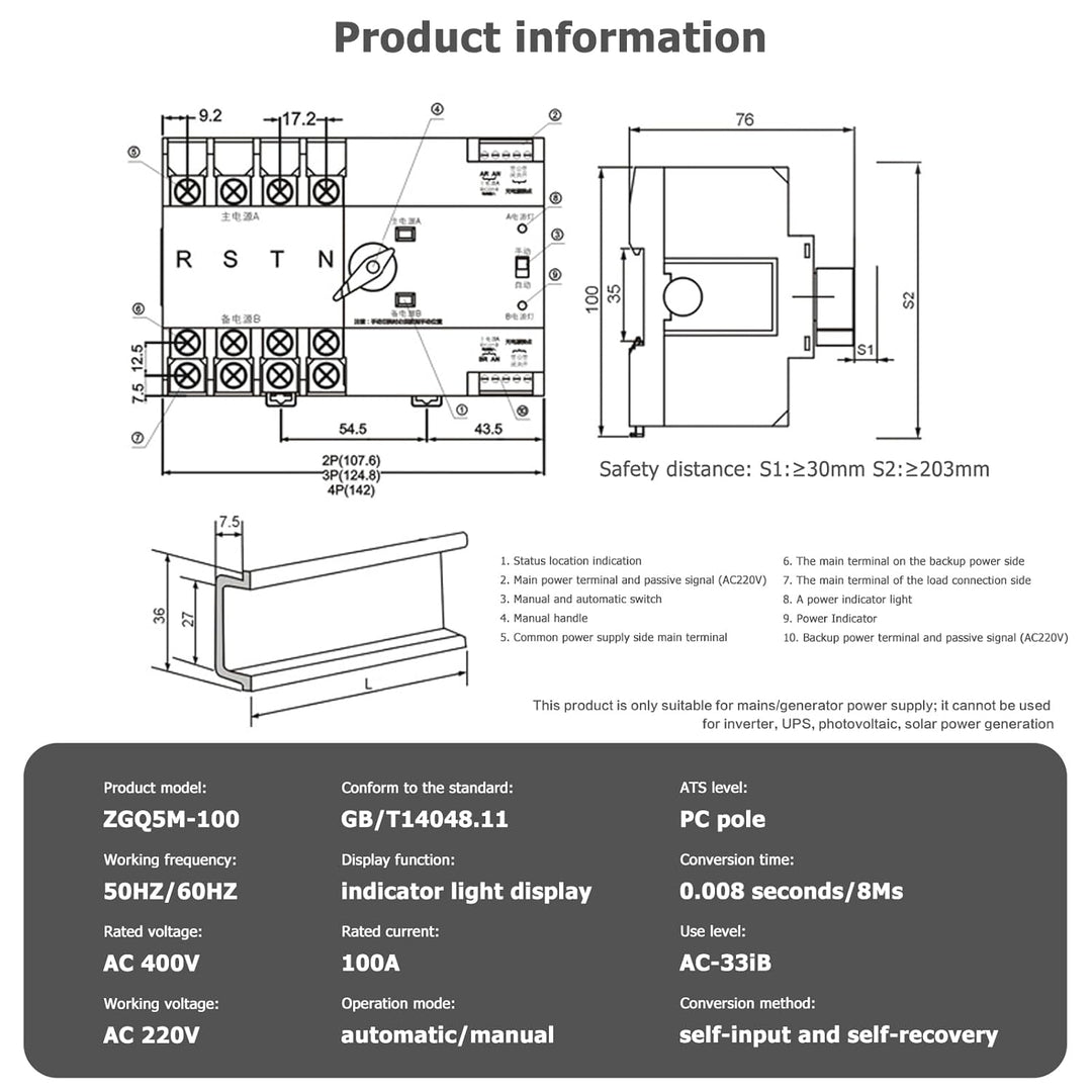 Jadeshay Dual Power Automatischer Transferschalter, Übertragungsschalter Unterbrechungsfreier 2 Wege