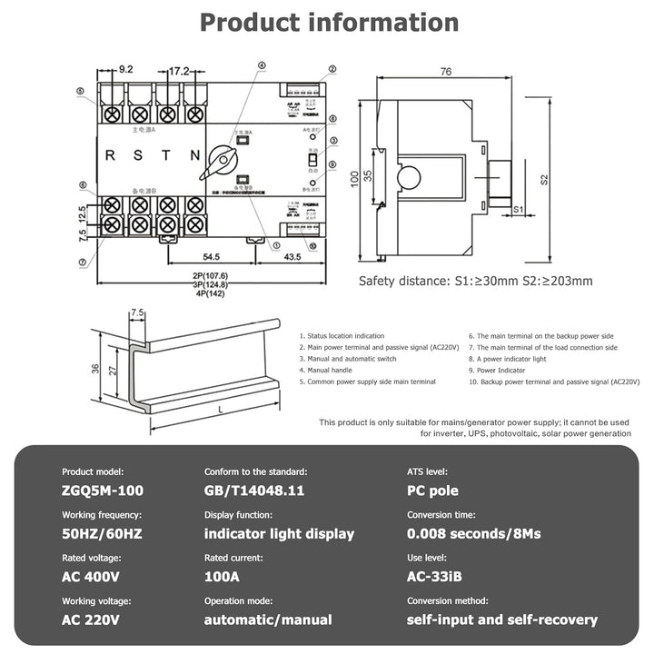 Jadeshay Dual Power Automatischer Transferschalter, Übertragungsschalter Unterbrechungsfreier 2 Wege