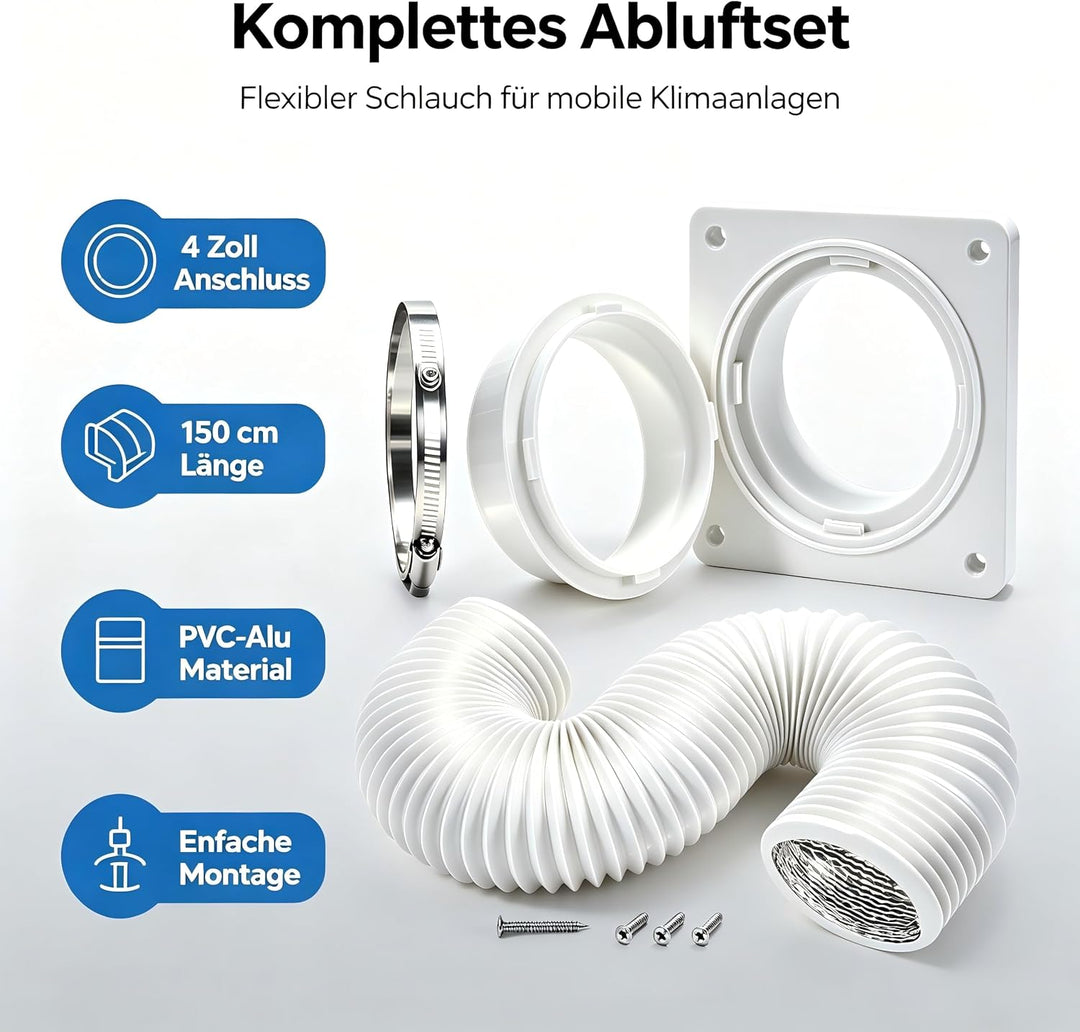 4 Zoll Mobile Klima Abluftschlauch Set 150cm Wandanschluss Platte Wandmontage PVC-Aluminium Flex Abl
