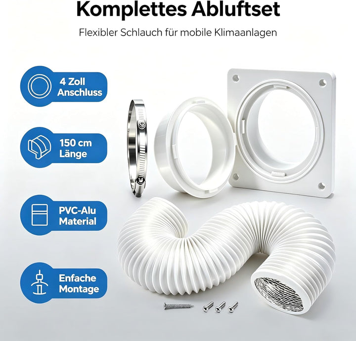 Klimagerät Abluftschlauch Set 4 Zoll 150cm | Wandanschlussplatte, Wandmontage, PVC-Alu Flexschlauch,