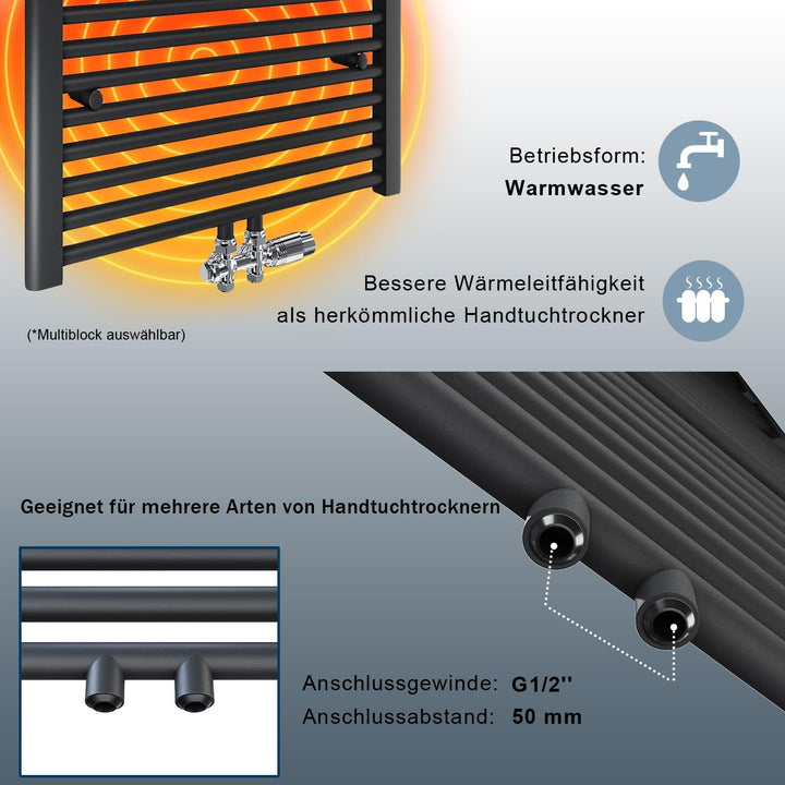 Heizkörper Badheizkörper 1200x400 mm Handtuchheizkörper Mittelanschluss Rundrohr Handtuchwärmer Heiz