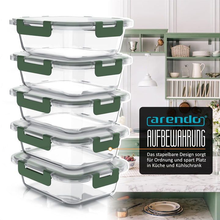 Arendo - Lunchboxen Glas - Frischhaltedosen für Lebensmittel mit Deckel luftdicht - 5er Set - 1000 m