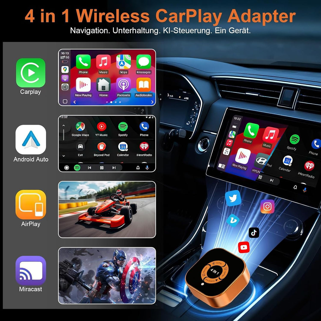 Wireless CarPlay Adapter 4-in-1: CarPlay Kabellos Android Auto Wireless AirPlay &amp; Miracast – Dualban