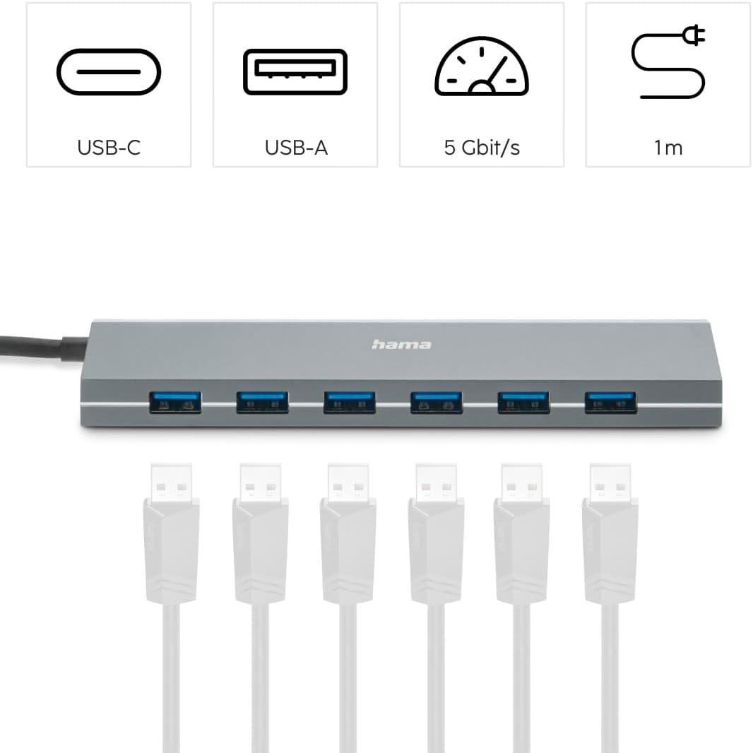 Hama USB-Hub 7 Ports (USB-A und USB-C-Anschluss, mit Netzteil, 7x USB-A für Maus, Tastatur, externe