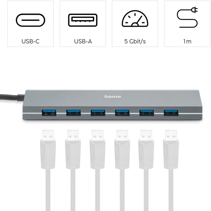 Hama USB-Hub 7 Ports (USB-A und USB-C-Anschluss, mit Netzteil, 7x USB-A für Maus, Tastatur, externe
