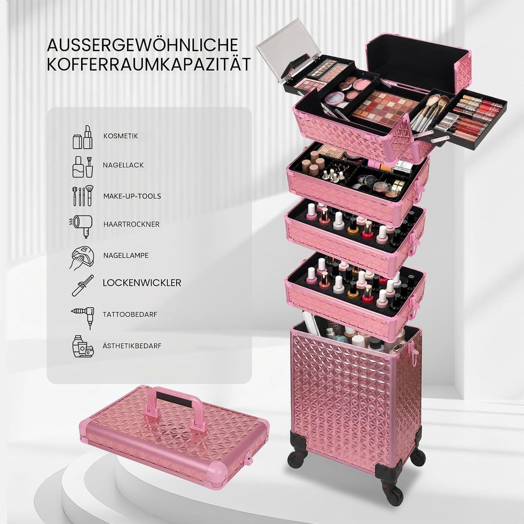 Kosmetikkoffer Trolley, 6-in-1 Schminkkoffer mit Spiegel & Schloss, Grosser Kosmetik Reisekoffer Mak