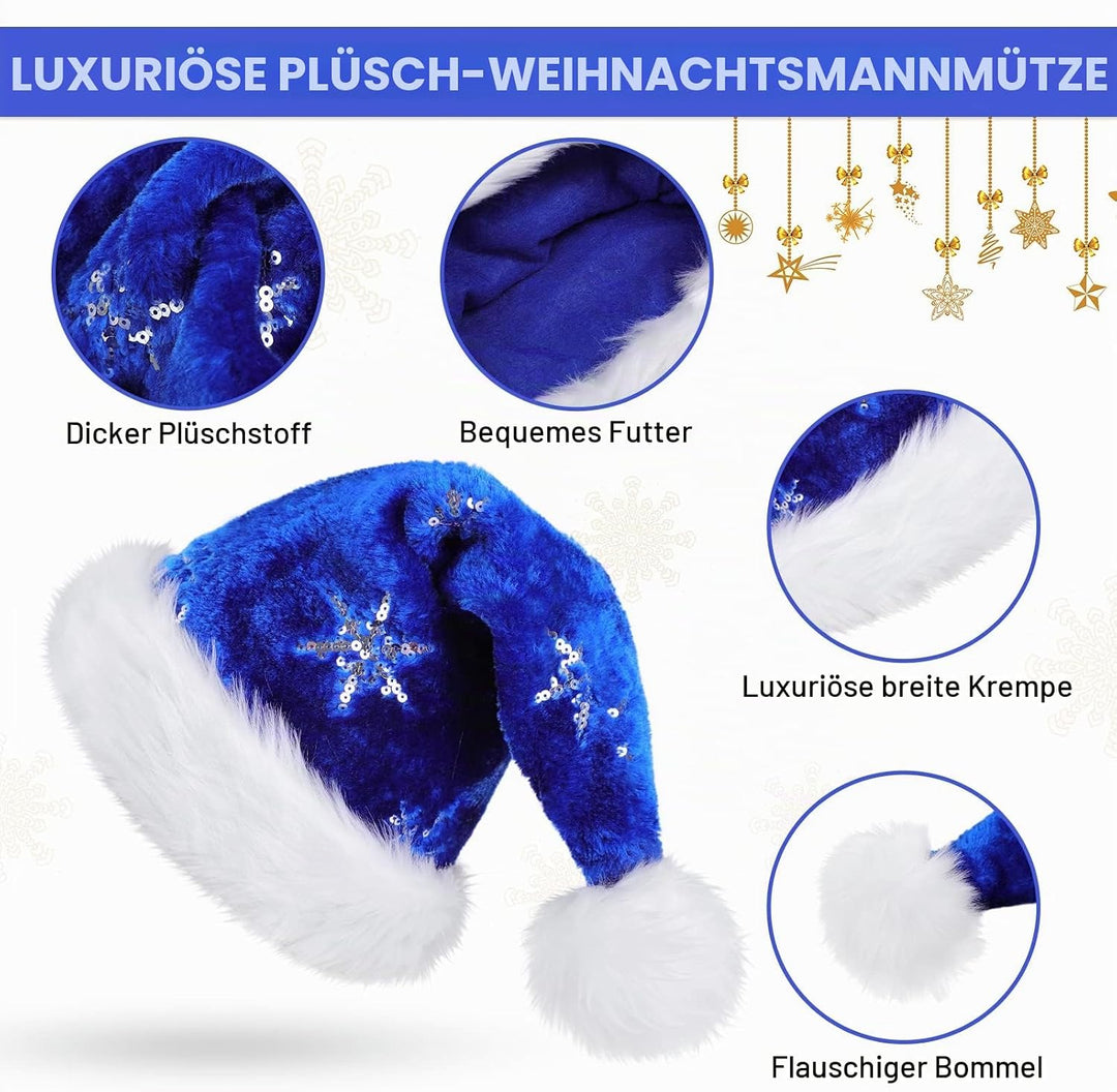 Weihnachtsmütze für Erwachsene, Deluxe Velours Nikolausmütze mit Soft Liner, Plüschkrempe Weihnachts